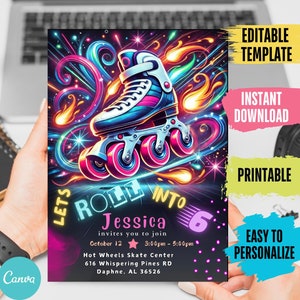 May include: A neon pink, blue, and yellow roller skate birthday party invitation with the text "Let's Roll Into 6 Jessica" and details for a party at Hot Wheels Skate Center.