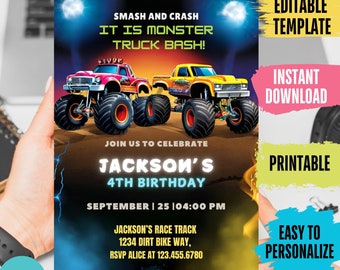 Monster Truck Birthday Invitation, Kids Party Invite (Editable Template)