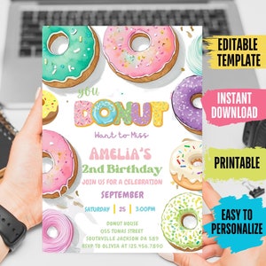 Donut-Geburtstags-Einladung Mädchen, bearbeitbarer Donut-Geburtstag einladen, jedes Alter Donut-Geburtstags-Party Einladung, Donut-süße Feier, DO2