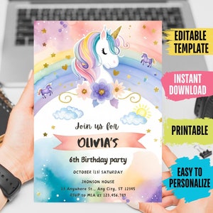 Unicorn Birthday Invitation, Pastel Unicorn, Rainbow Unicorn Sparkles and Gold Invitation, 1st Birthday Girl, Pastel Invite Printable, UC4