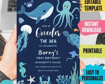 Under the Sea Birthday Invitation, Sea Animals (Editable Template)