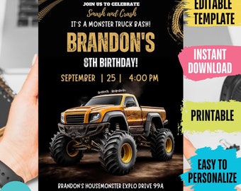 Monster Truck Birthday Invitation, Editable Template (Digital Download)