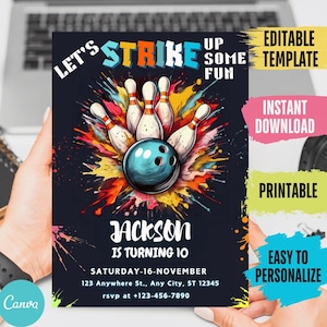 Bowling Party Invitation, Editable Bowling Birthday Invitation Kids Bowling Invitation, Let&#39;s Strike Up Some Fun Bowling Party Invite, BO3