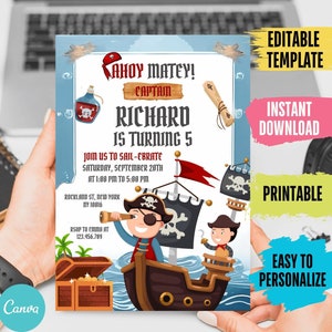 Invitation d'anniversaire pirate modifiable, invitation de fête de pirate, invitation de fête Ahoy, invitation de fête d'anniversaire d'enfant, invitation d'anniversaire de bateau, W5K
