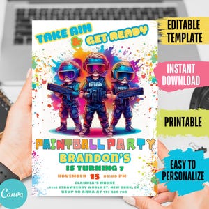 Paintball Birthday Invitation, Editable Battle Party Invite for Boys, Printable Digital Download Paintball War Theme Splatter Game Invite O8