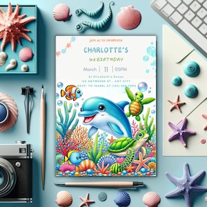 Invitation d'anniversaire sous la mer, invitation sous la mer 1er anniversaire, modèle modifiable animaux de l'océan Invitation fête garçon sous la mer ML2