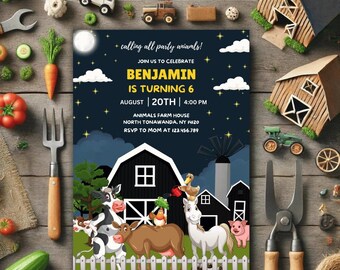 Farm Animals Birthday Invitation, Rustic Barnyard (Digital Invite)