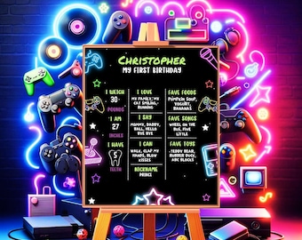 Póster de cumpleaños de videojuego, letrero de pizarra para gamers (editable, descarga instantánea)