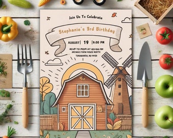 Vintage Farm Animals Birthday Invitation Template (Digital Download)