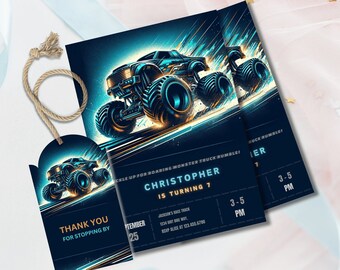 Faire-part d'anniversaire Monster Truck, invitation à une fête modifiable (téléchargement numérique)