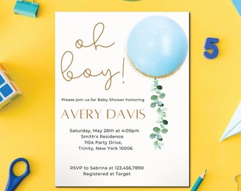 Oh Boy Baby Shower Invitation, Blue Balloon, Editable Template (PDF or JPEG)