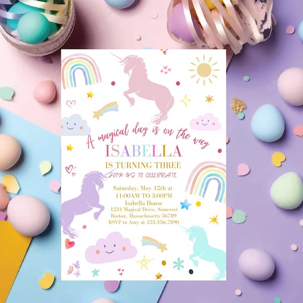 RAINBOW UNICORN Birthday Invitation Editable Magical Unicorn Party Invite Pastel Rainbow Unicorn Birthday Download Whimsical Unicorn