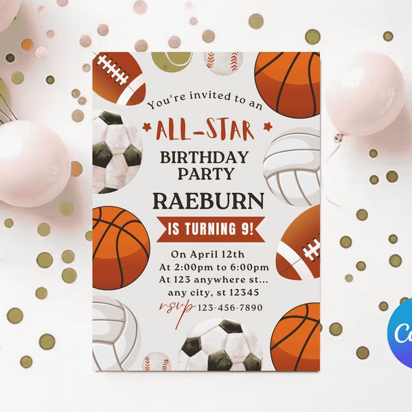 Editable All Star Sports Birthday Invitation Game Birthday Invite, Soccer Party Invite Football Birthday Evite, Basketball bday Invitation