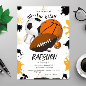 Convite de aniversário esportivo editável, convite para festa de futebol, convite de aniversário de futebol, convite de aniversário de basquete, modelo digital de beisebol