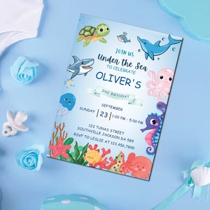 Editable Under The Sea Birthday Invitation, Editable Ocean Animals Party Invite Template, Editable Turtle Shark Starfish Birthday Invitation