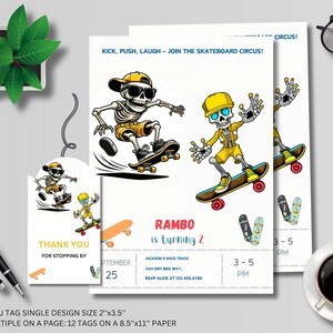 Puede incluir: Una etiqueta de agradecimiento con un esqueleto de dibujos animados haciendo skateboard. La etiqueta es blanca con un borde amarillo y el texto "Gracias por su visita".