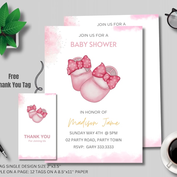 Pink Baby Shower Invitation, Dusty Pink Girl Baby Shower Invite, Pink Booties Invite, Pink Bow Baby Shower Invitation, Editable Template