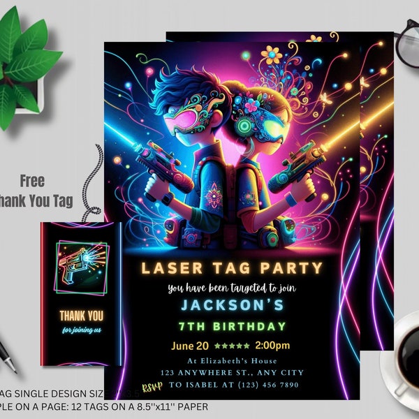 Faire-part d'anniversaire MODIFIABLE Laser Tag, modèle d'invitation fête Laser Tag, laser tag néon phosphorescent, fête d'anniversaire garçon, téléchargement immédiat