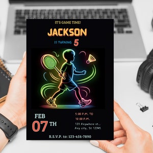 Convite de aniversário de badminton editável, convite para festa de badminton, jogo de festa esportiva, convite de aniversário digital, download instantâneo