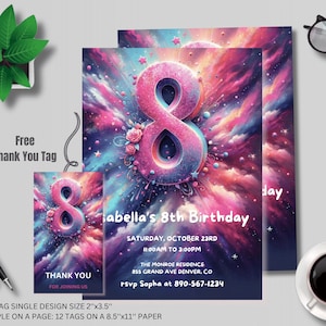 Editable Purple 8th Birthday Invitation Glitter Birthday Party Invite Rainbow Foil Girl Eighth Birthday Instant Download Digital