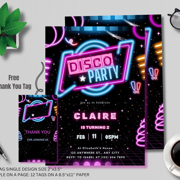 Editable Disco Party Birthday Invitation, Disco Gender Neutral Invites, Dance Party Template, Neon Party Invites Editable Glow Party