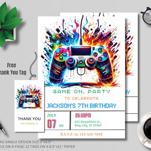 Modèle d'invitation d'anniversaire de jeu vidéo, invitation de jeu vidéo, néon phosphorescent, invitation enfant, fête de jeu pour garçon, invitation Gamer garçon, toile modifiable