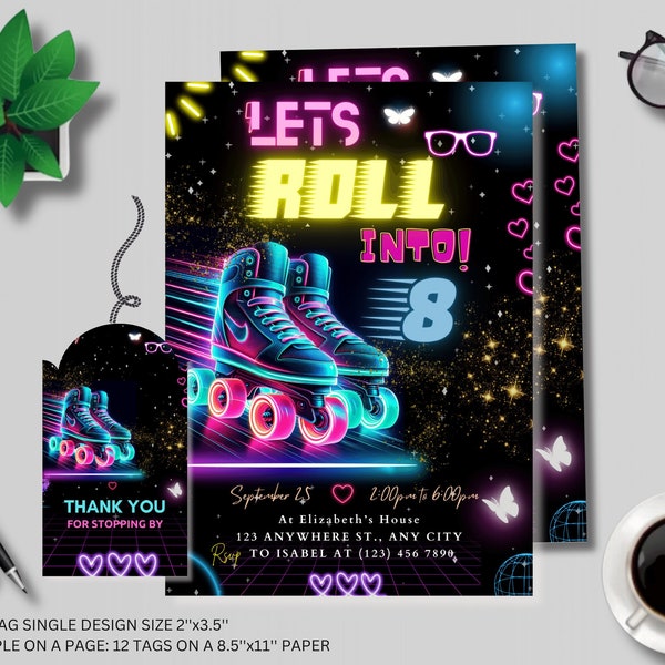 Editable Roller Skating Invitation Glow Party Birthday Invitation, Neon Gender Neutral Invites, Glow Roller Skating Party Glow Party Evite