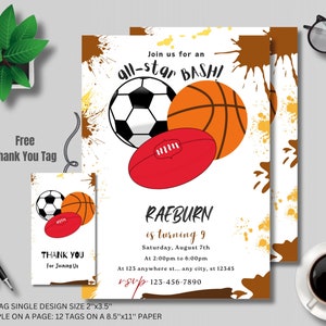 Invitación deportiva EDITABLE, invitación de cumpleaños deportiva, invitación de cumpleaños All-Star, invitación de cumpleaños de Sherrin Ball, invitación a deportes de acuarela