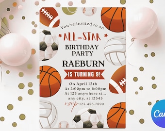 Editable All Star Sports Birthday Invitation Game Birthday Invite, Soccer Party Invite Football Birthday Evite, Basketball bday Invitation