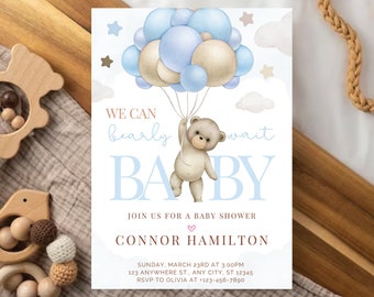 Editable Teddy Bear Baby Shower Invitation, Blue Balloon Theme (Digital Download)