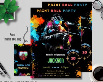 Invitación de cumpleaños de paintball niño EDITABLE Plantilla de invitación a fiesta de paintball Platos de pintura Teen Tween Paintballer Descarga instantánea