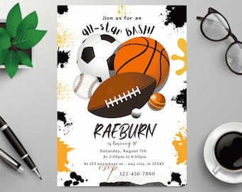 Editable Sports Birthday Invitation Soccer Party Invite Football Birthday Evite, Basketball bday Invitation Baseball Digital Template