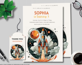 Rocket Outer Space Birthday Invitation Template, Galaxy Theme (Editable Instant Download)