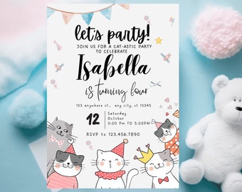 Editable Kitten Birthday Invitation, Cat Party (Instant Download)