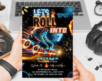 Editable Roller Skating Invitation Glow Party Birthday Invitation, Glow Gender Neutral Invites, Glow Roller Skating Party, Neon Party