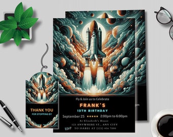 Outer Space Birthday Invitation, Rocket Ship, Planets (Digital Download)