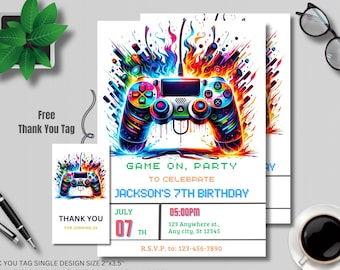 Plantilla de invitación de cumpleaños de videojuegos neón, editable en Canva (descarga digital)
