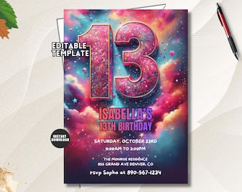 Puede incluir: Una plantilla de invitación de cumpleaños rectangular con el número 13 en rosa y azul brillante sobre un fondo de nebulosa vibrante con estrellas. El texto incluye Isabella's 13th Birthday, Saturday, October 23rd, 11:00AM to 3:00PM, The Monroe Residence, 855 Grand Ave Denver, CO, y rsvp Sopha at 890-567-1234.