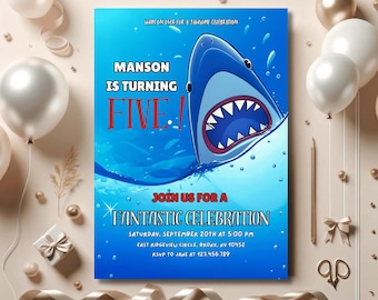 Invitación de cumpleaños editable de tiburón, temática submarina (descarga instantánea)