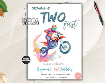 Invitación de cumpleaños con temática de motocross para dos personas, plantilla editable para el segundo cumpleaños.