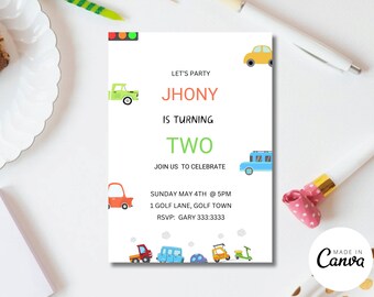 Invitación de cumpleaños de transporte, invitación editable (descarga digital)