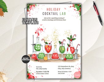 May include: An editable holiday cocktail lab invitation template featuring watercolor illustrations of laboratory glassware filled with red and green drinks, candy canes, and holly. The text reads Holiday Cocktail Lab, Join us for a sparkling evening of creative mixology and Christmas cheer, Hosted By The Jolly Family, 15 December 2025, and 123 Anywhere St., Any City, Any Country.