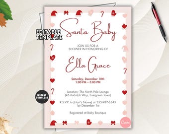 May include: A rectangular baby shower invitation template with a white centre and light pink border. The text reads Santa Baby, Ella Grace, and event details. The border features red and pink holiday icons like Santa hats, mittens, and hearts.