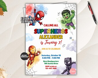 Superhero Birthday Invitation, Calling All Little Heroes Comic Book Party, Editable Kids Template