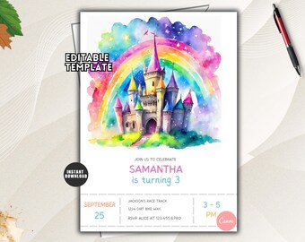 Editable Rainbow Princess Birthday Invitation: Princess Castle Party Invite (Digital Download)