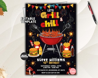 BBQ Birthday Invitation, Editable Grill and Chill Backyard Cookout Template