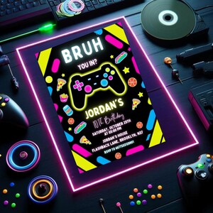 Bruh Geburtstagseinladung, BRUH SIE IN? Neon Gamer Geburtstagseinladung, bearbeitbare Bruh Neon Party einladen, Jungen Teenager Videospiel einladen B21