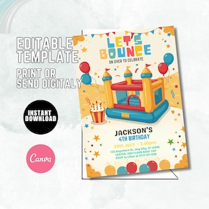 Editable Bounce House Party Invitation Template,  Let’s Bounce into Fun! Colorful Kids Birthday Invitation, Confetti Balloon Theme B61
