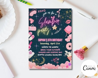 Retro Neon Slumber Party Invitation, Editable Template (Digital Download)