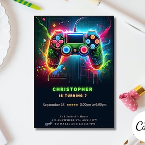 ビデオゲームパーティー招待状、編集可能なレベルアップ誕生日招待状、ブルーネオングロー招待状、グロービデオゲームボーイテンプレートアーケードパーティー招待状